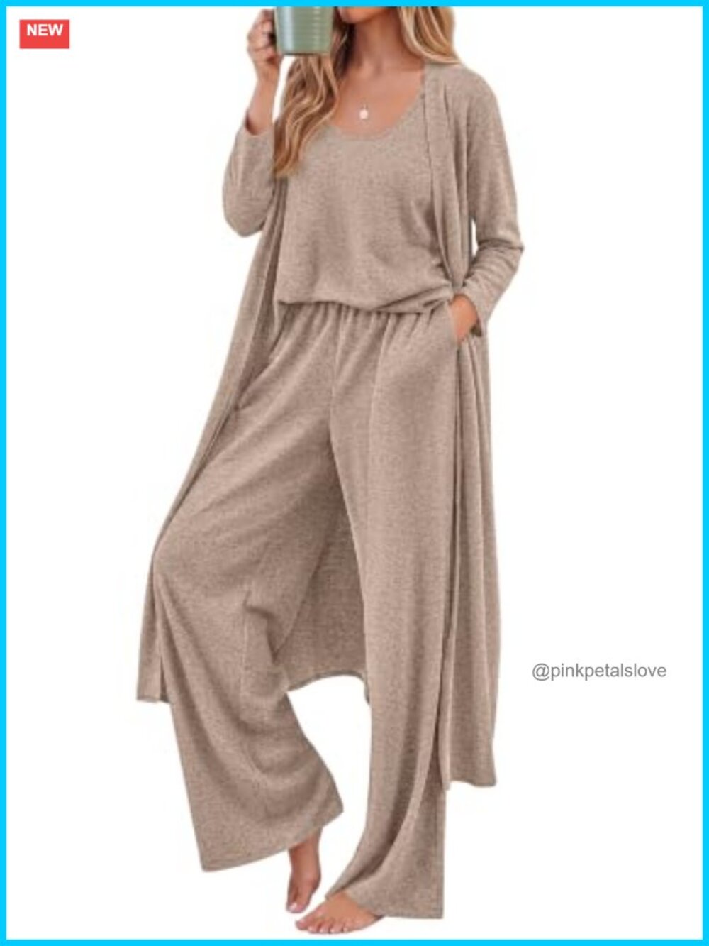 3 Piece Lounge Set Long Cardigan Tank Wide Leg Pants Travel Outfit